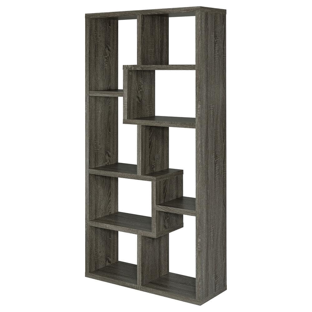 Transitional Geometric 10-Shelf Bookcase in Weathered Gray