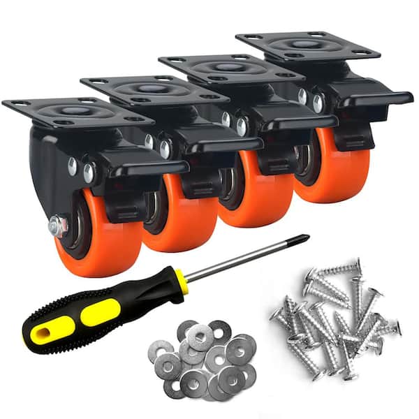 Angel Sar 2 in. Heavy Duty No Noise Locking Polyurethane Caster Wheels with Brake, Orange, Set of 4