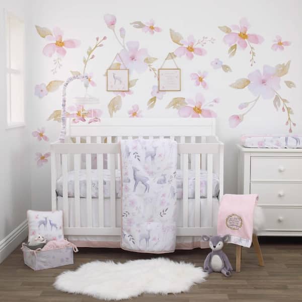 Pink/Grey/White/Blue NoJo Watercolor Deer 4 Piece Nursery Crib Bedding Set