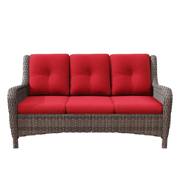 3-Seat Wicker Outdoor Patio Sofa Sectional Couch with Red Cushions