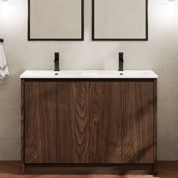 Natural Wood 48 in. W Double Sinks Freestanding Walnut Bath Vanity with White Advanced Composite Resin Top