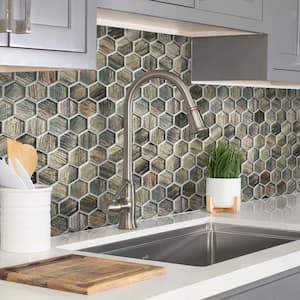 Blue and Brown 11.8 in. x 11.8 in. Hexagon Polished Glass Mosaic Tile (4.83 sq. ft./Case)