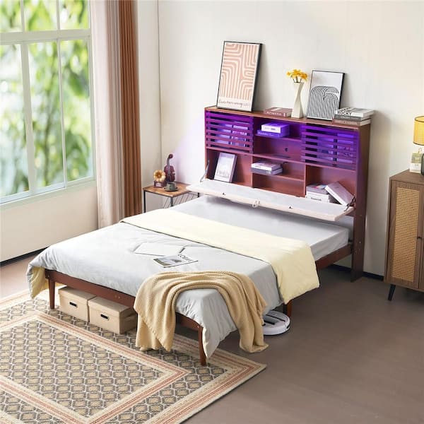 Karl home Luxury Brown Wood Bed Frame Queen Size Platform Bed with LED Upholstered Headboard, Charging Station
