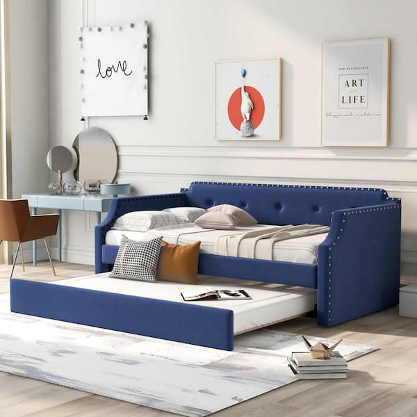 Polibi Blue Twin Upholstered Daybed with Trundle