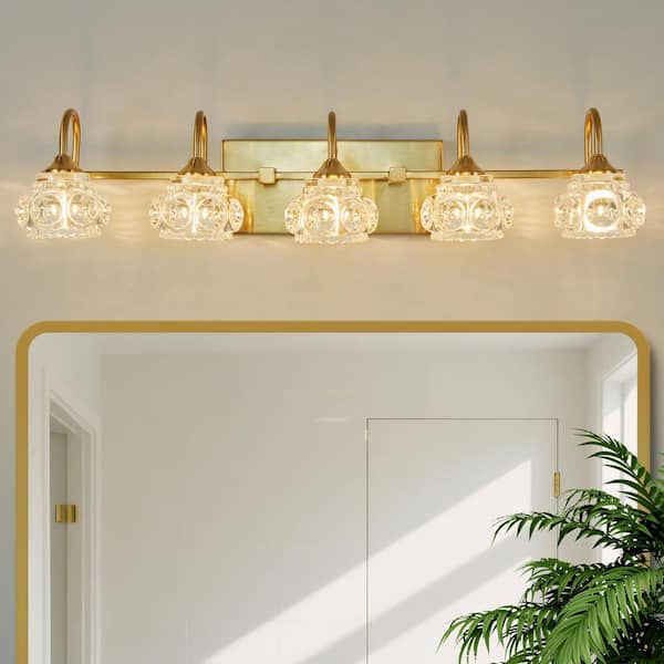 29 in. 5-Light Modern Gold Bathroom Vanity Light with Clear Crystal Shades