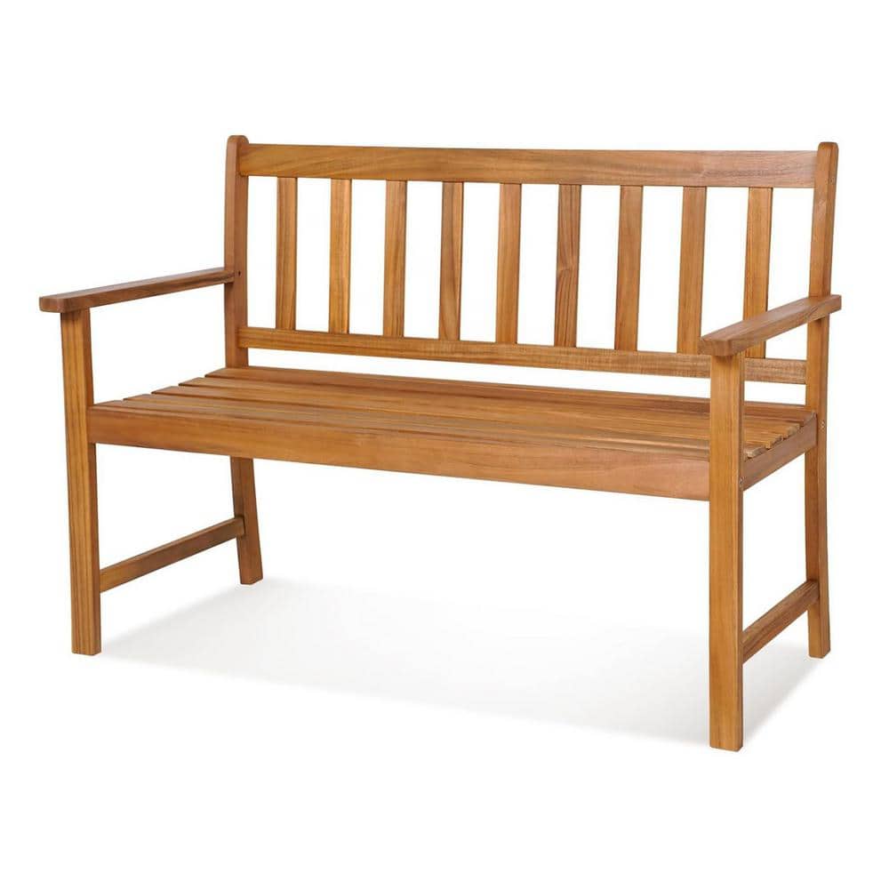 2-Person Natural Acacia Wood Outdoor Bench with Backrest and Armrests, Gard
