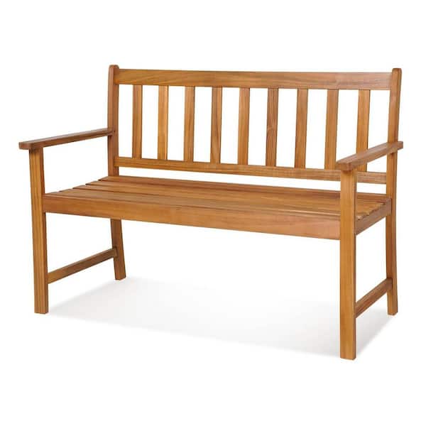 Unbranded 2-Person Natural Acacia Wood Outdoor Bench with Backrest and Armrests, Garden Bench with Slatted Seat for Porch