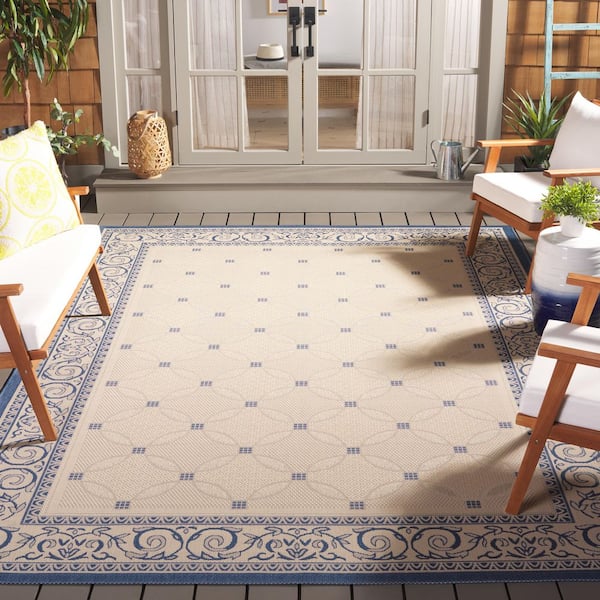 Courtyard Natural/Blue 9 ft. x 12 ft. Border Indoor/Outdoor Patio  Area Rug