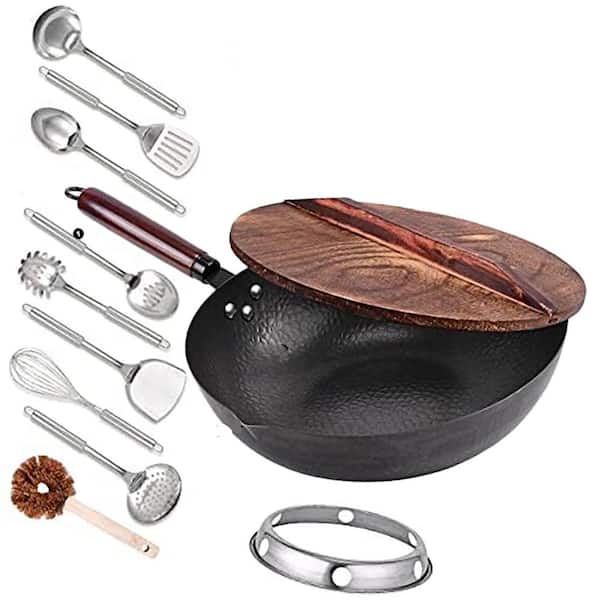 12.8" Carbon Steel Wok, Black Pre-Seasoned Nonstick Honeycomb Flat Bottom, Lid & 10 Accessories for All Stoves
