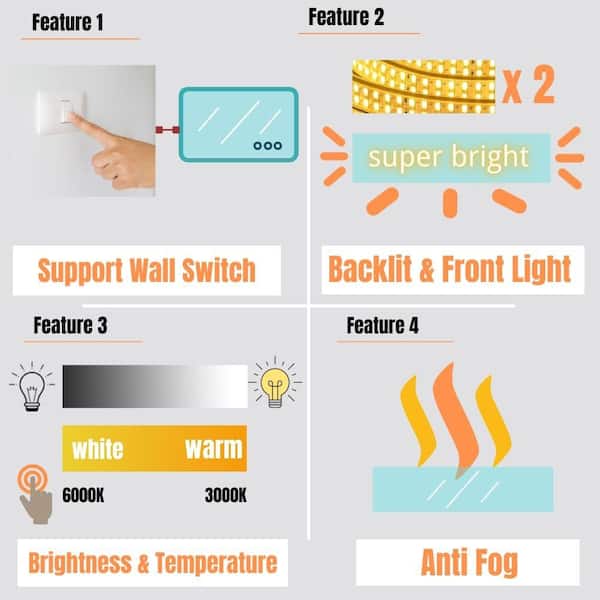 Classic 72 in. W x 32 in. H Rectangular Frameless Anti-Fog LED Light Wall Bathroom Vanity Mirror Front Light
