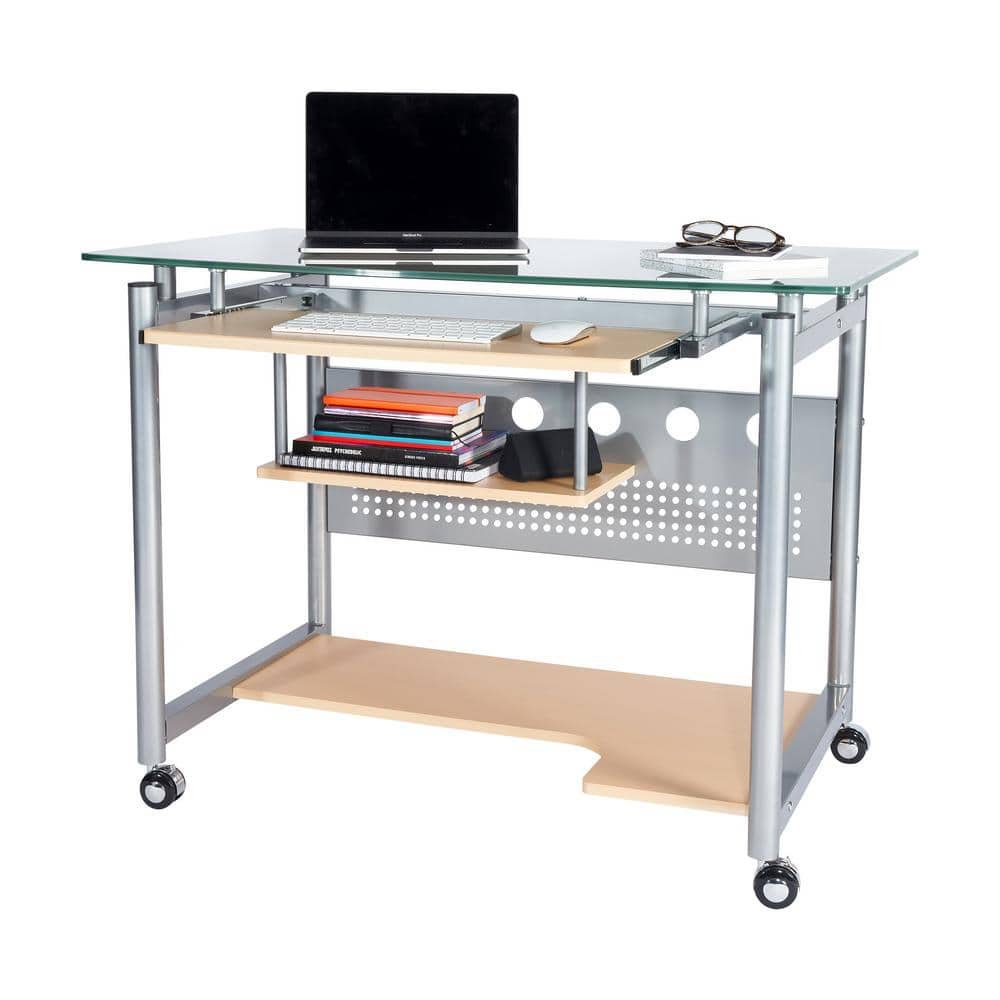 Frosted Glass and Silver Steel Rolling Computer Desk with Keyboard Tray