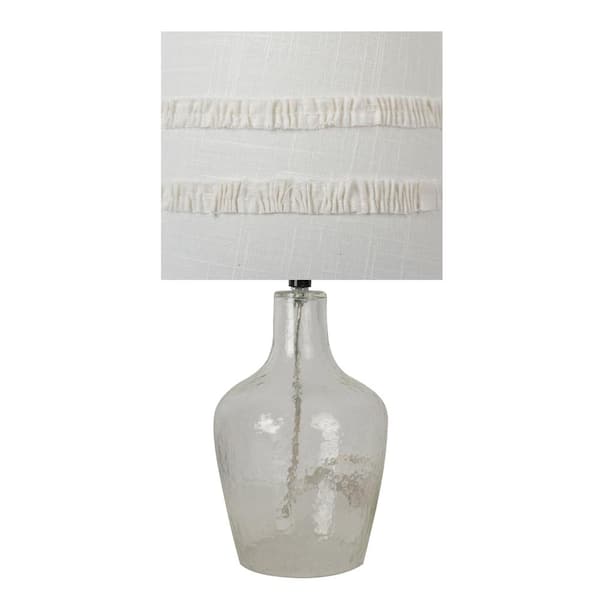 DSI 17.5 in. Clear Glass Table Lamp with a Fringed White Fabric Drum Shade