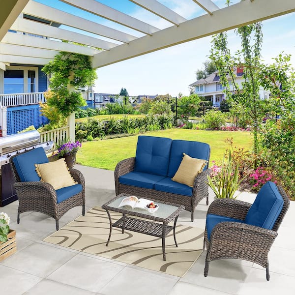 Gymojoy Carlos 4-Pieces Wicker Patio Conversation Set with Blue Cushions