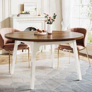 Halseey Farmhouse Industrial Brown White Wood 47 in. 4 Solid Wood legs Round Dinner Circle Kitchen DiningTable for 4-6