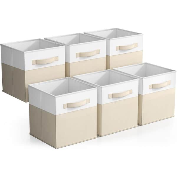 Foldable 2-Toned Storage Bins with Handles for Closet, Beige 10.5 in. x 11 in. Fabric Decorative Baskets Set of 6