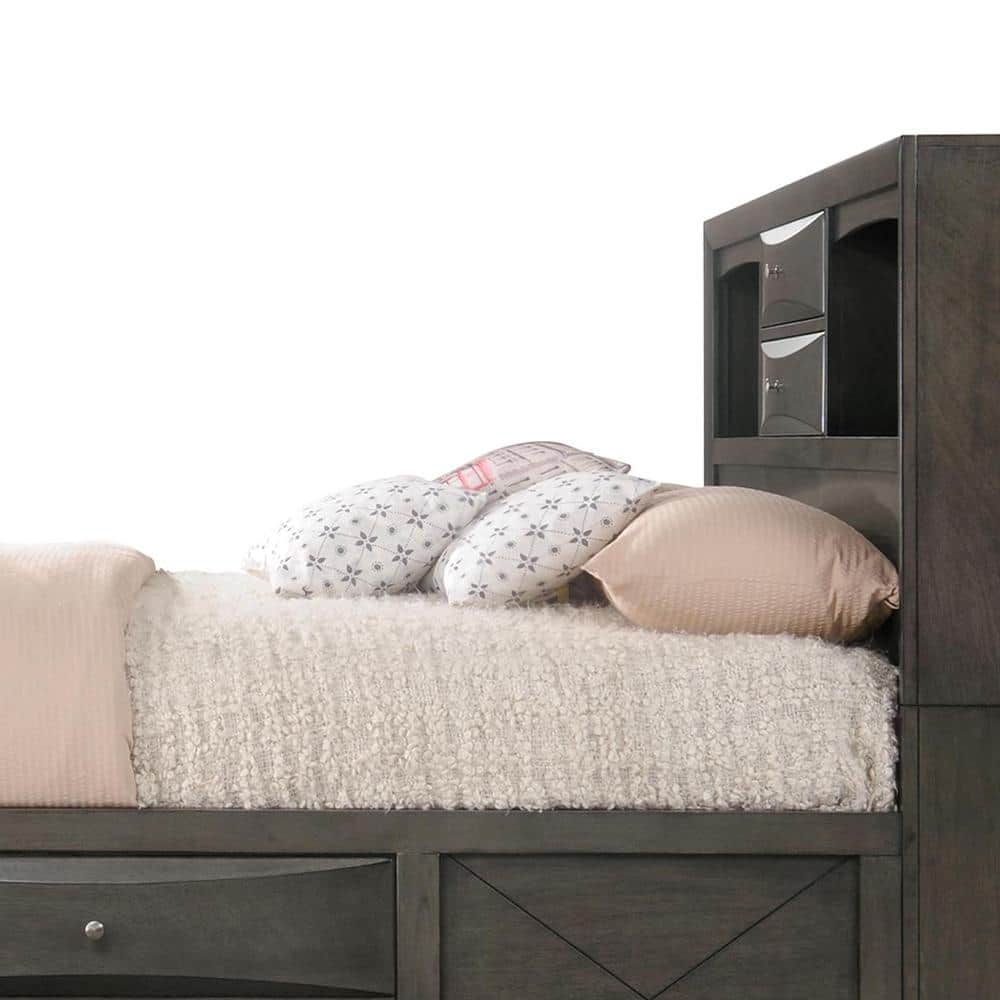 Gray Oak Upholstered King Captain's Bed with Bookcase Storage