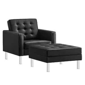 Loft Tufted Faux Leather Armchair and Ottoman Set in Silver Black
