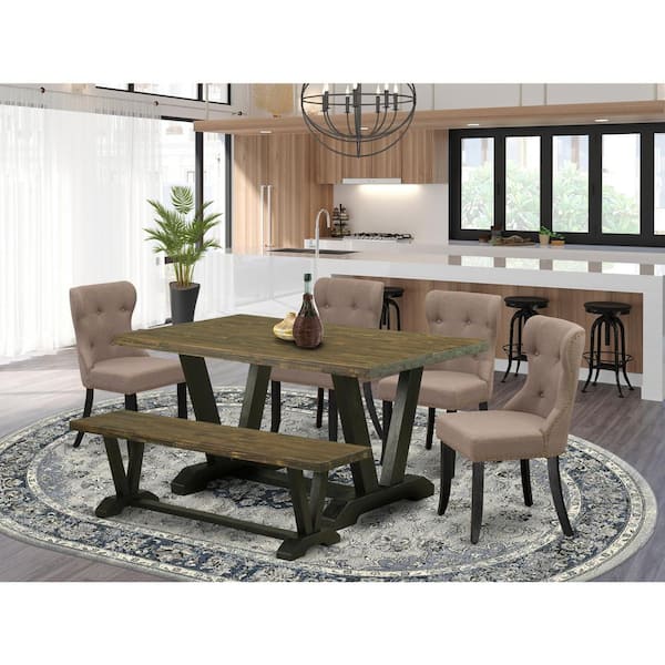 East West Furniture 6-Piece Rectangle Distressed Jacobean Finish Solid Wood Top Dining Table with 1-Bench, 4-Chairs with Lattice Back
