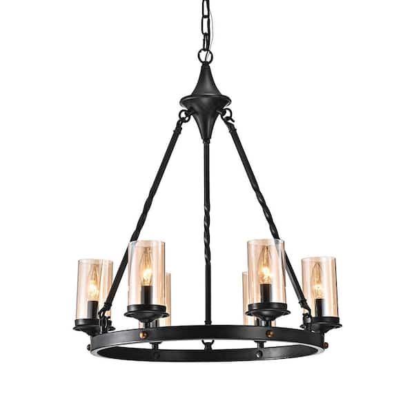 Edvivi Hartwell 6-Light Traditional Antique Black Industrial Wheel Chandelier with Clear Amber Glass Shades