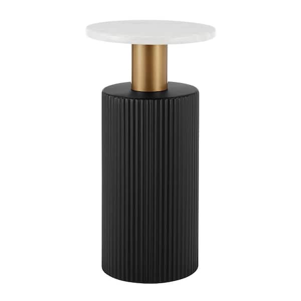 Fritz Midcentury Modern Side Accent Table with Black Base Gold Metal Column Accents and Faux Marble Laminate Tabletop