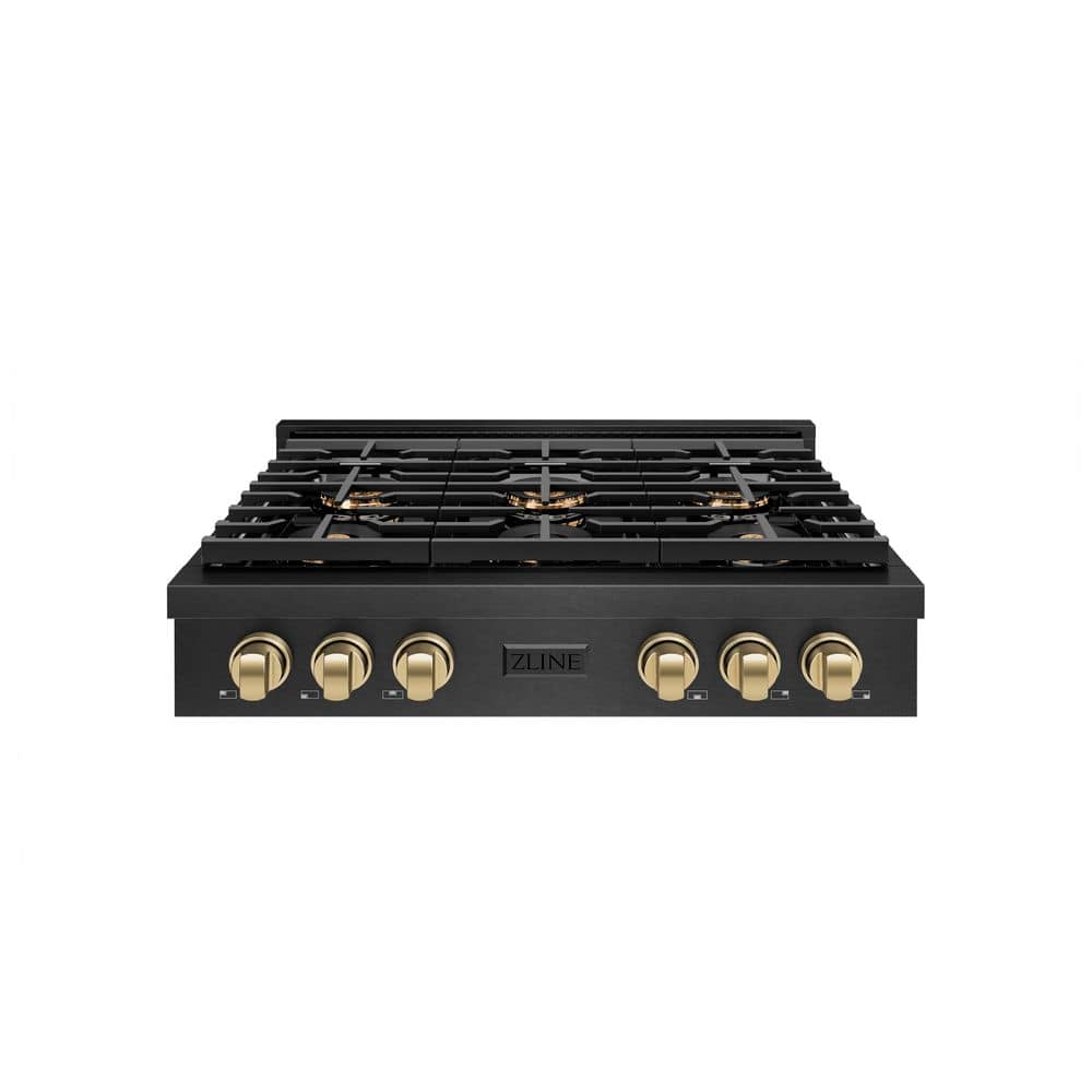 Autograph 36 in. Paramount Gas Rangetop with 6 Burner DuoProâ„¢ Cooktop in Black Satin and Champagne Bronze Accents