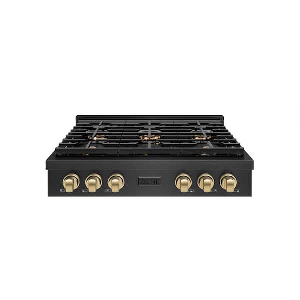 Autograph 36 in. Paramount Gas Rangetop with 6 Burner DuoPro™ Cooktop in Black Satin and Champagne Bronze Accents