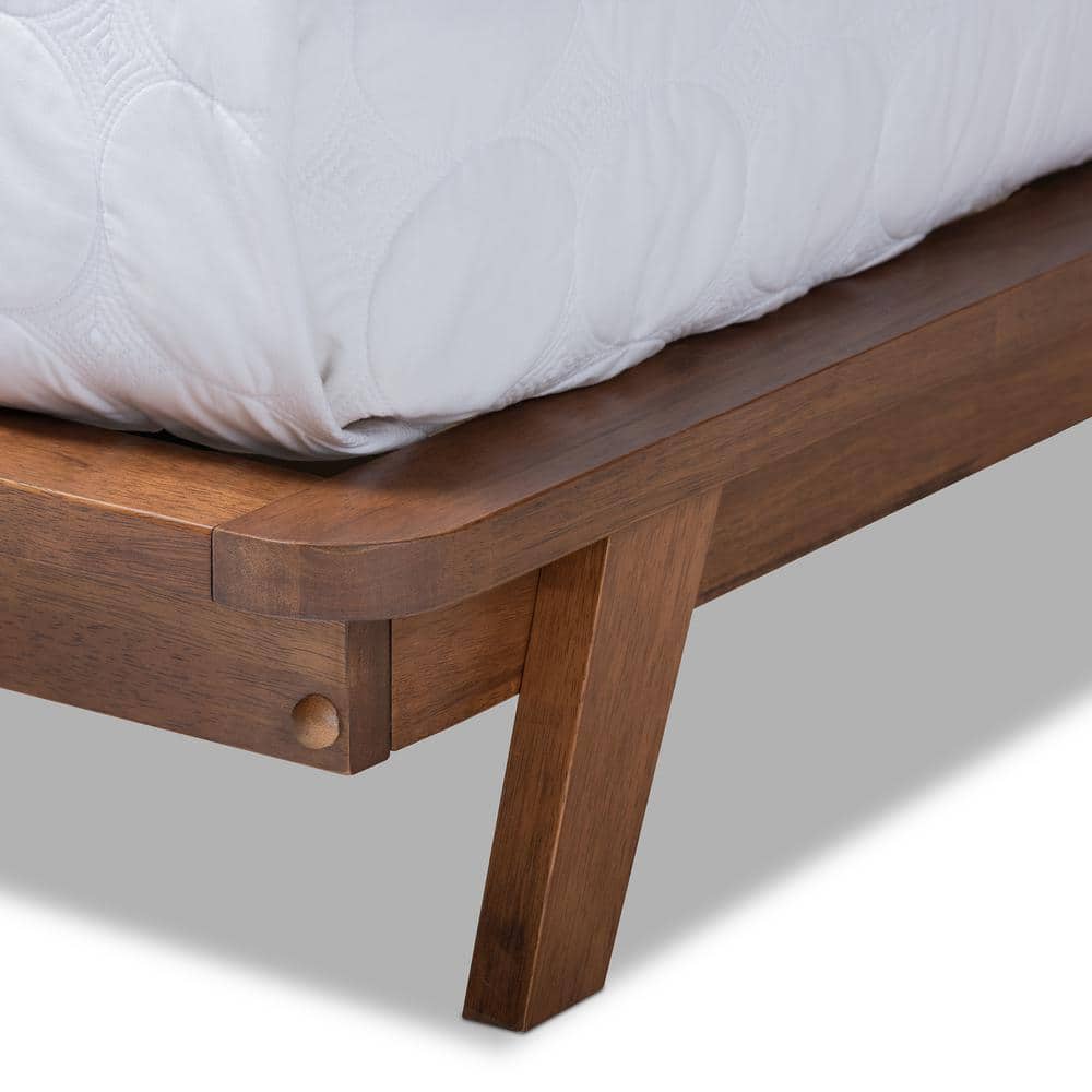 Mid-Century Modern Beige Upholstered Walnut Full Platform Bed