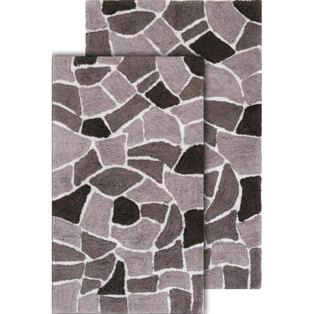 Modern Grey Cotton Tufted Rectangular Bath Rug Set