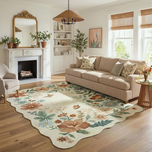 Washable Farmhouse Floral Print Wave-shape Beige 8 ft. x 10 ft. Living Room Bedroom Area Rug