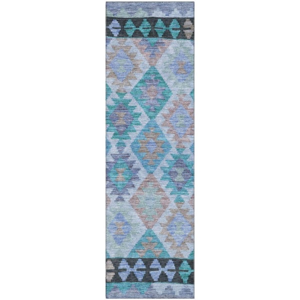 Mayfield Premium Machine Washable Abstract AMF1915 Teal 2 ft. x 7 ft. Runner Rug