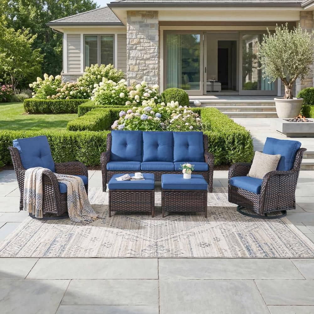 ArcLine 5-Piece Brown Wicker Patio Conversation Set with Olefin Blue Cushions and Swivel Glider Chairs/Sofa price history on PriceWatchPro