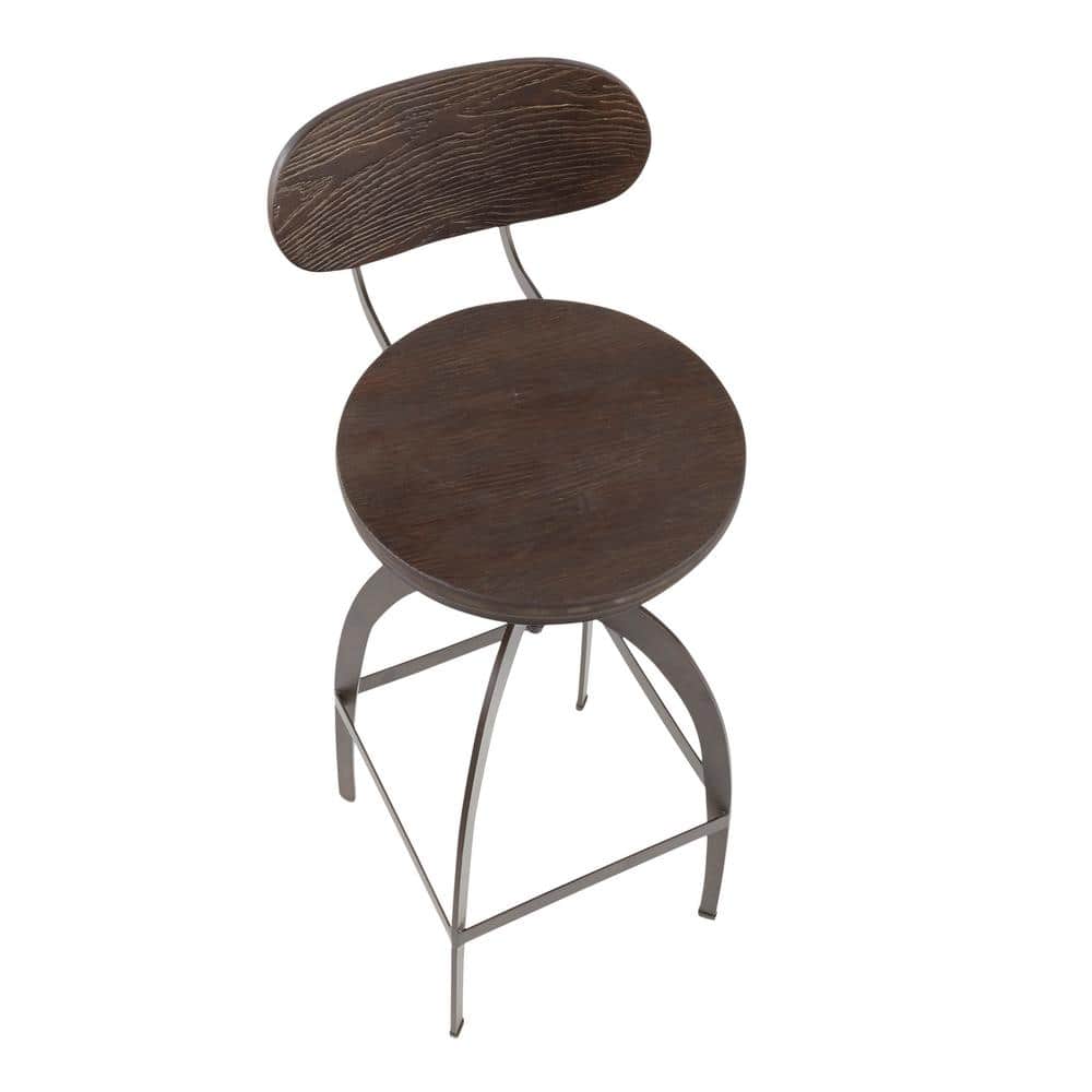 Dakota Industrial Espresso Wood and Antique Metal Adjustable Swivel Barstool