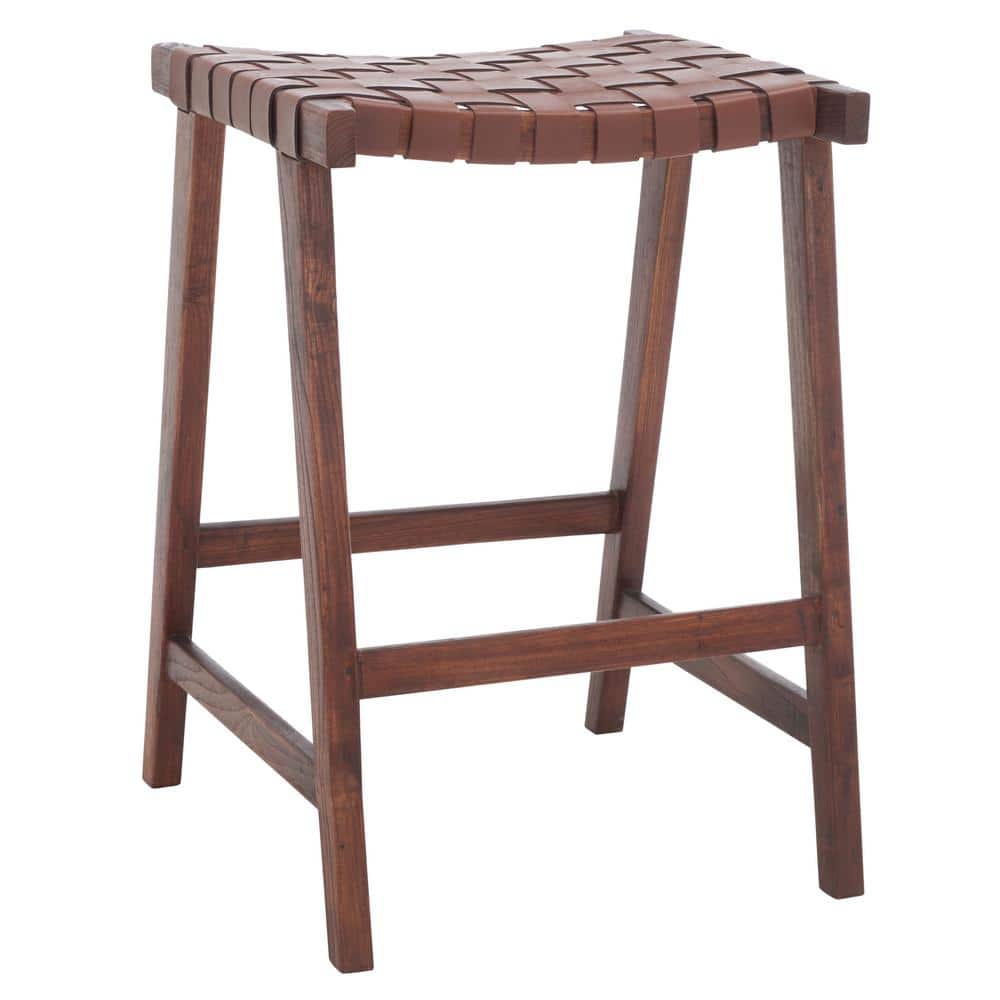 Cognac Woven Leather and Walnut Wood Backless Counter Stool