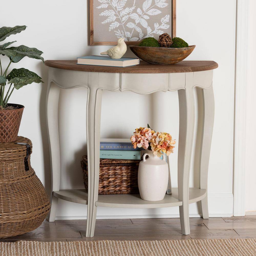 Cordelia 32" White and Natural Wood Demilune Console Table with Storage