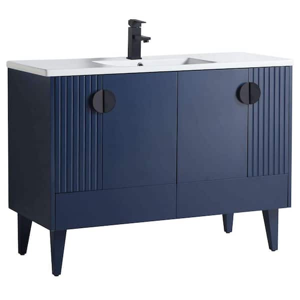 FINE FIXTURES Venezian 48 in. W x 18.11 in. D x 33 in. H Bathroom Vanity Side Cabinet in Navy Blue with White Ceramic Top