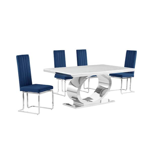 Best Quality Furniture Ibraim 5-Piece Rectangle White Marble Top Stainless Steel Base Dining Set 4 Navy Blue Velvet Chrome Iron Chair