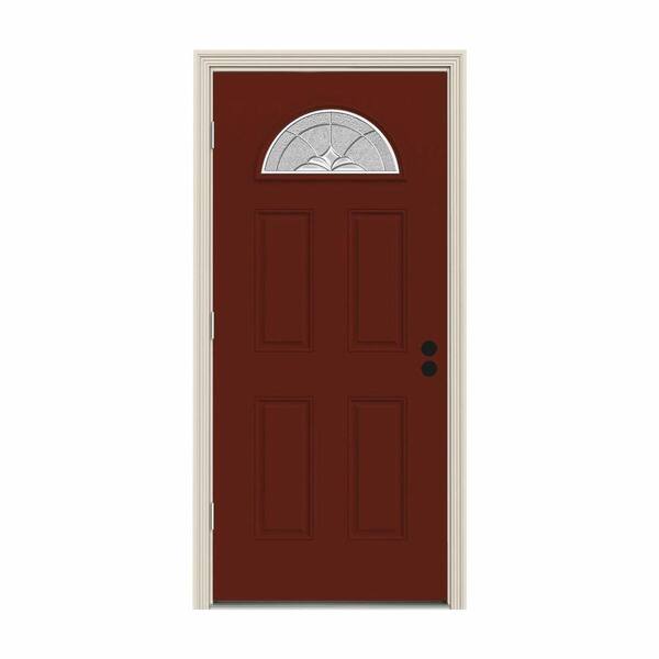 JELD-WEN 32 in. x 80 in. Fan Lite Langford Mesa Red Painted Steel Prehung Right-Hand Outswing Front Door w/Brickmould