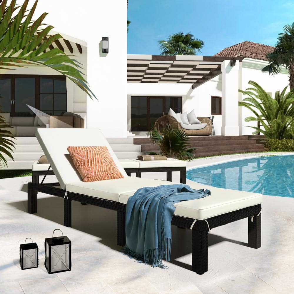 Black Wicker Outdoor Chaise Lounge with Beige Cushions, Outdoor Adjustable 
