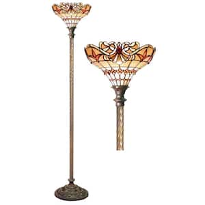 72 in. Multi-Color Antique Bronze Baroque Stained Glass Floor Lamp with Foot Switch