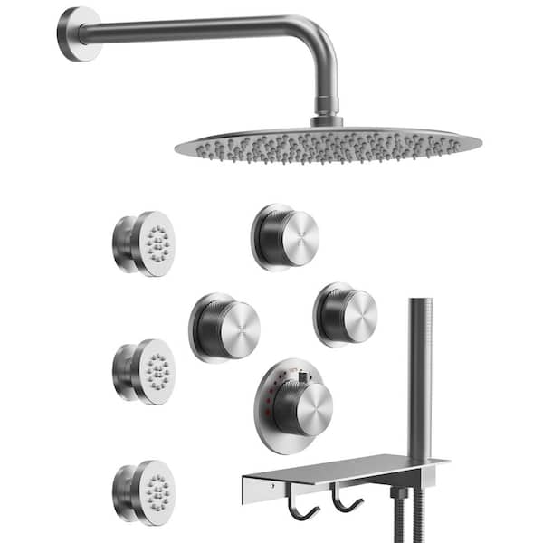 GRANDJOY FlexiRain 7-Spray 12 in. Dual Wall Mount Fixed and Handheld Shower Head 2.5 GPM in Brushed Nickel with Rough-in Valve