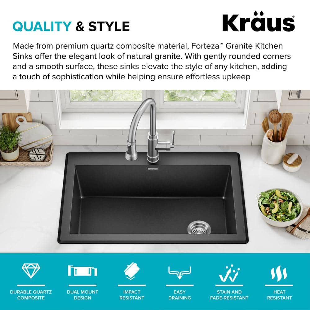 33-Inch Black Granite Single Bowl Drop-In Kitchen Sink