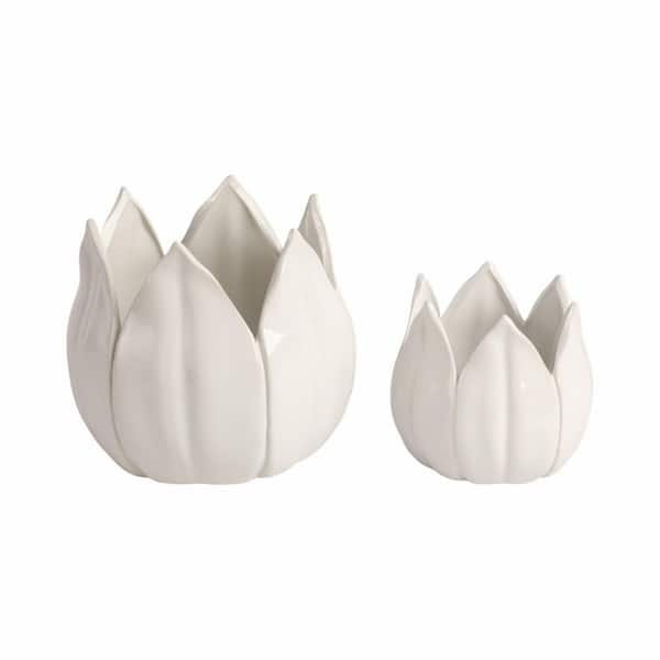 Liv & Skye 8 in. x 8 in. White Ceramic Tulip Petal Decorative Pots
