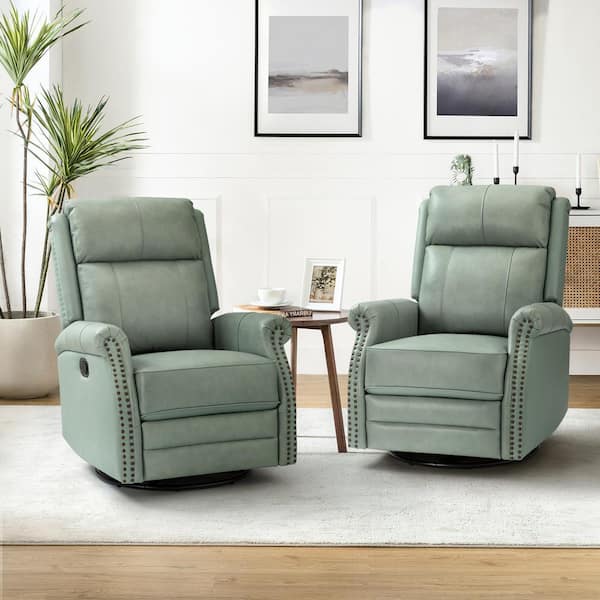 JAYDEN CREATION Sonia Transitional Sage 30.5'' Wide Genuine Leather 5-Position Manual Rocking Recliner with Metal Base Set of 2