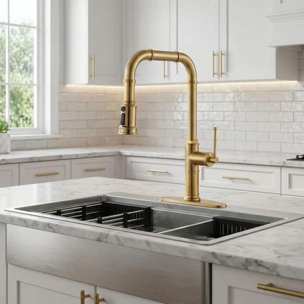 18 in. Single Handle Pull Down Sprayer Kitchen Faucet with 3-Mode Sprayer Head in Gold