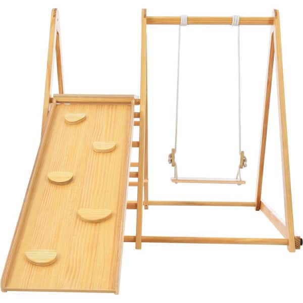 Unbranded LN20232408 4-in-1 Natural Indoor Wooden Swing and Slide Set with Rock Climb Ramp - 1