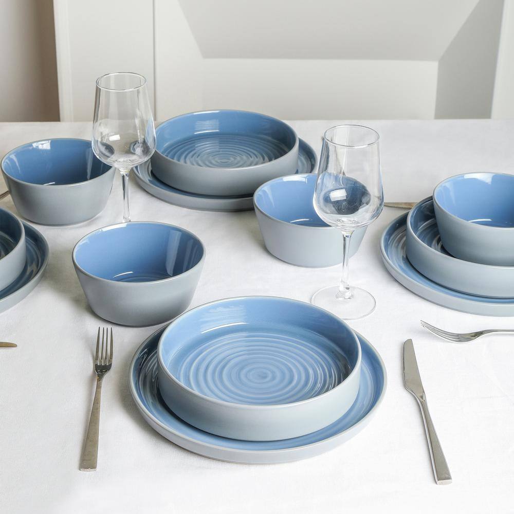 Elica 12-Piece Blue and Grey Ceramic Dinnerware Set
