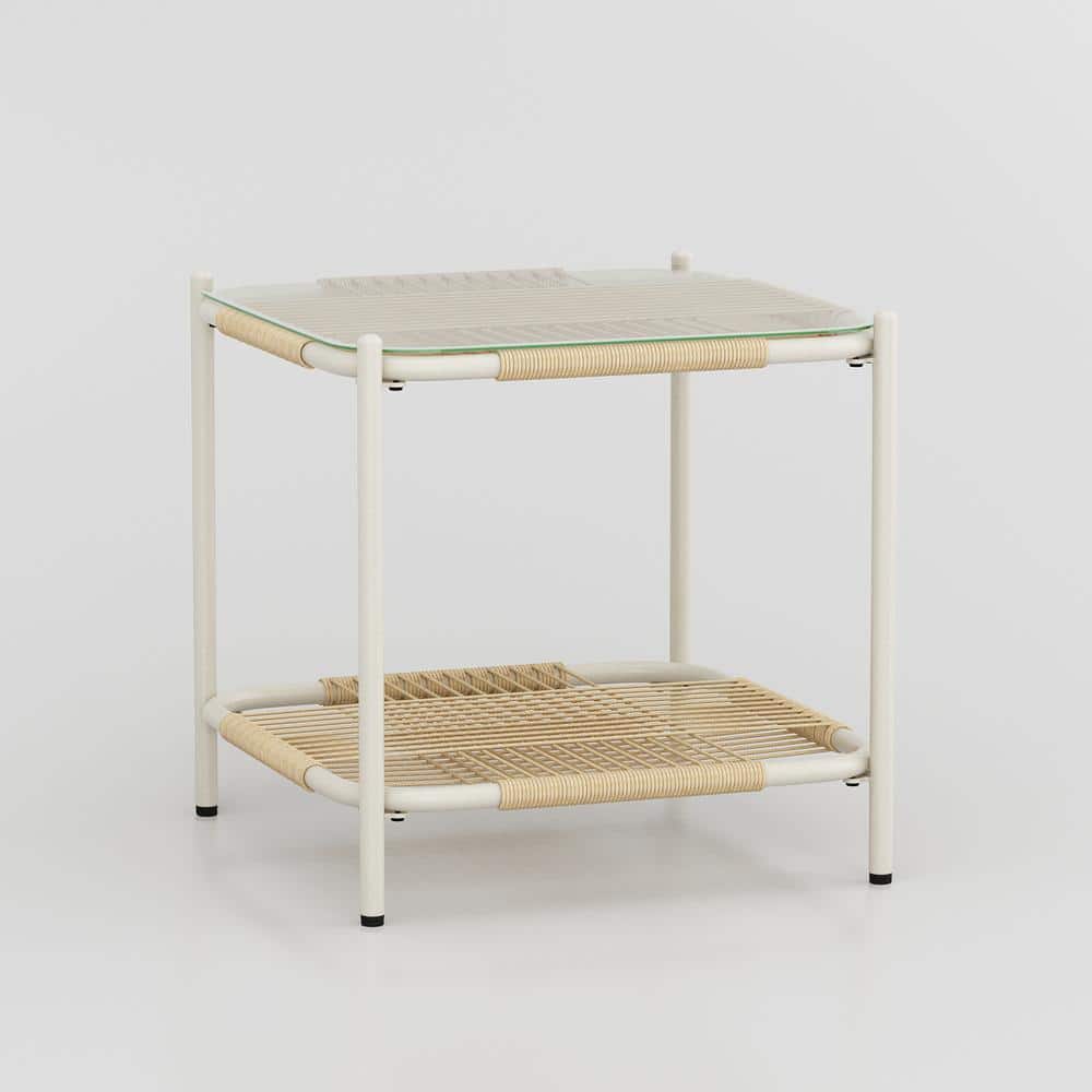 White Frame Brown Rattan Woven Square Metal 16.9 in. Height Outdoor Coffee Table with 1 Open Shelf & Tempered Glass Top price history on PriceWatchPro