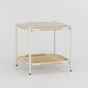 White Frame Brown Rattan Woven Square Metal 16.9 in. Height Outdoor Coffee Table with 1 Open Shelf & Tempered Glass Top
