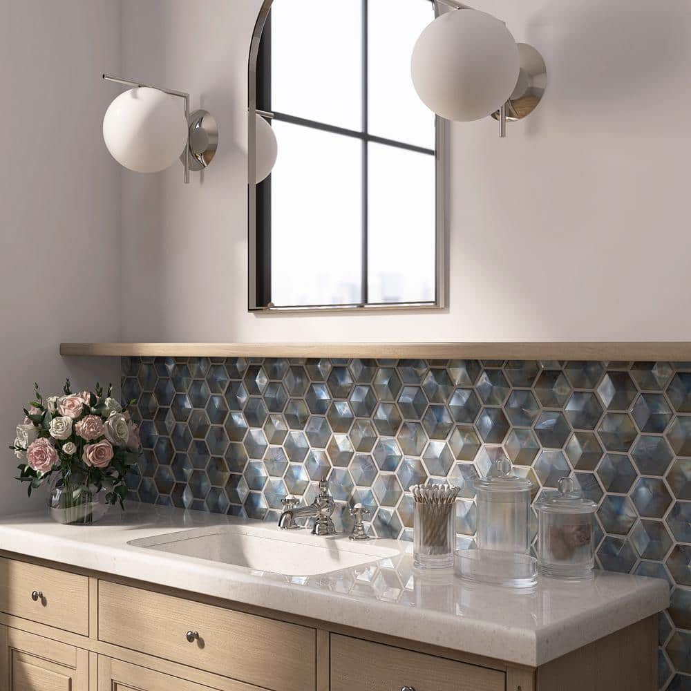 Aurora Glossy Gray Glass Hexagonal Mosaic Tile Sheet