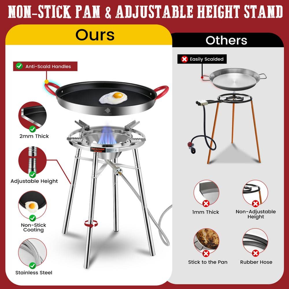 21-Inch Non-Stick Stainless Steel Paella Pan Set with Burner and Stand